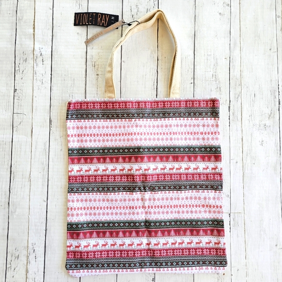 Violet Ray NYC Canvas Tote Christmas Bag w/ Festive Snowflake & Reindeer Details - Picture 1 of 11